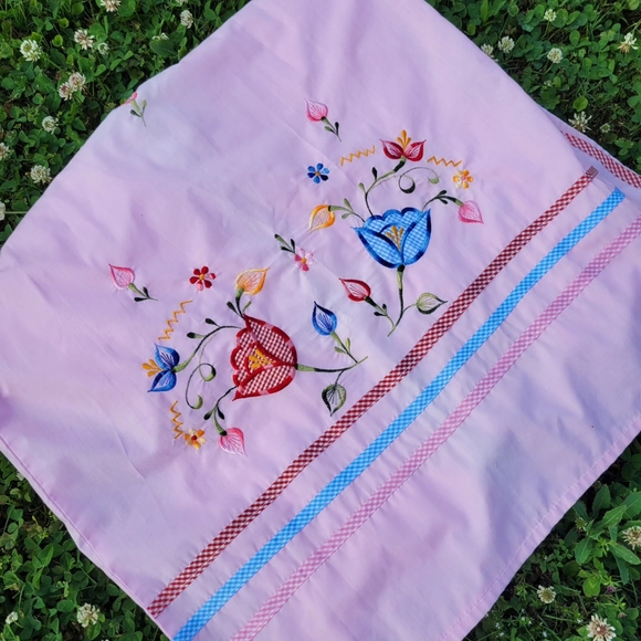 Vintage Mumu in Bright Pink with Gingham Floral Applique and Embroidery - Picture 2 of 6